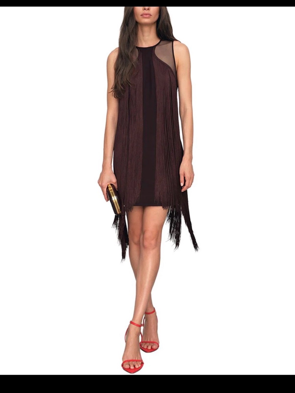 Reiss Burgundy Farrow Fringe-Detail Sheer-Panel Mini Dress